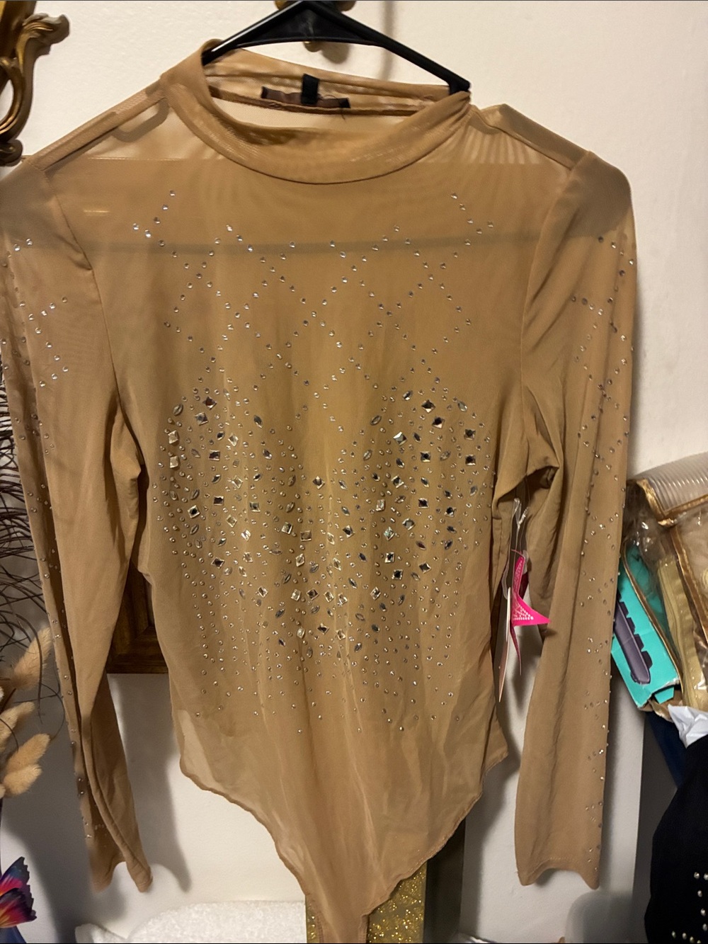 Rhinestone-Embellished Sheer Long-Sleeve Bodysuit in Camel